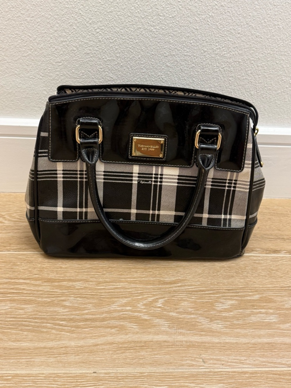 Tignanello Black and Cream Plaid Satchel